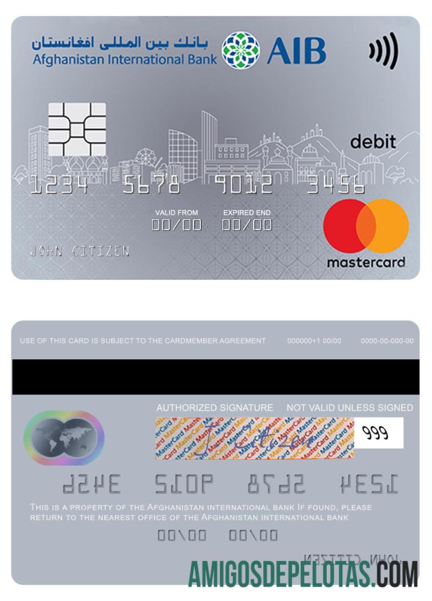 Débito Mastercard do Banco Internacional do Afeganistão modelo